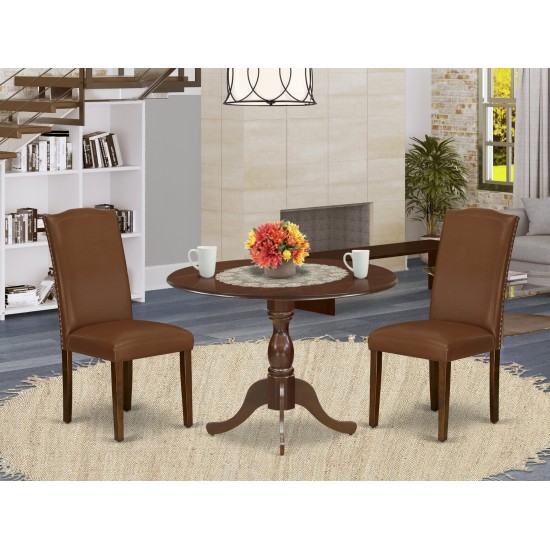 3Pc Dining Set, 1 Drop Leaves Table, 2 Brown Faux Leather Chairs High Back, Nail Heads, Mahogany Finish