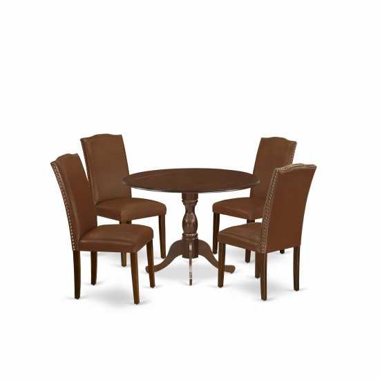 5 Pc Kitchen Set, 1 Drop Leaves Dining Table, 4 Brown Faux Leather Dinning Chairs High Back, Nail Heads, Mahogany Finish