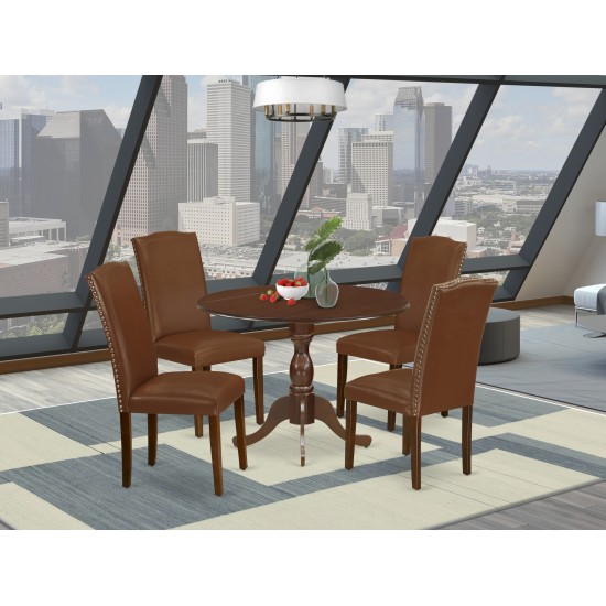 5 Pc Kitchen Set, 1 Drop Leaves Dining Table, 4 Brown Faux Leather Dinning Chairs High Back, Nail Heads, Mahogany Finish