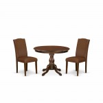 3 Pc Dining Set, Mahogany Wood Table, 2 Brown Faux Leather Chairs For Room, High Back, Mahogany Finish