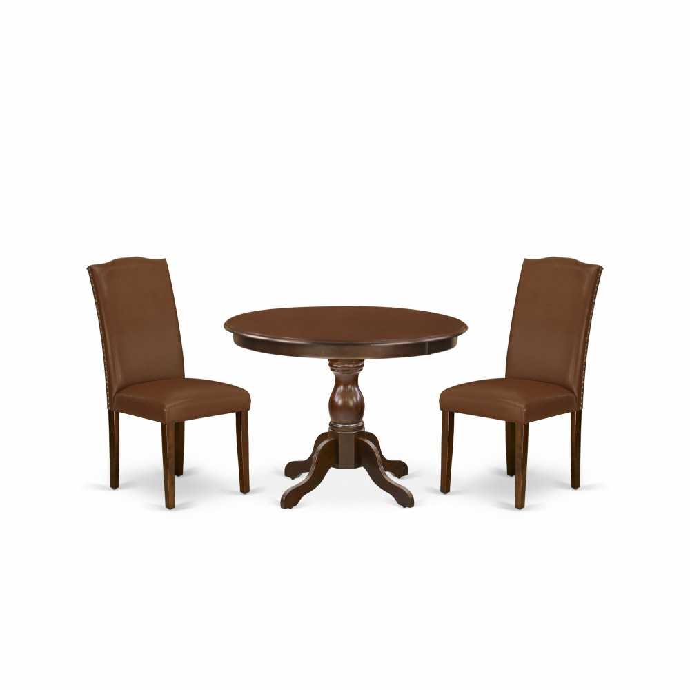 3 Pc Dining Set, Mahogany Wood Table, 2 Brown Faux Leather Chairs For Room, High Back, Mahogany Finish