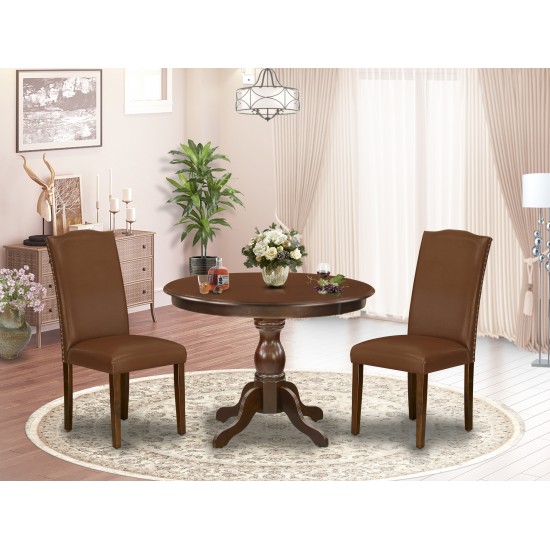 3 Pc Dining Set, Mahogany Wood Table, 2 Brown Faux Leather Chairs For Room, High Back, Mahogany Finish