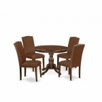 5 Pc Dining Set, Mahogany Round Table, 4 Brown Faux Leather Parson Chairs, High Back, Mahogany Finish