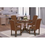 5 Pc Dining Set, Mahogany Round Table, 4 Brown Faux Leather Parson Chairs, High Back, Mahogany Finish