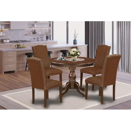 5 Pc Dining Set, Mahogany Round Table, 4 Brown Faux Leather Parson Chairs, High Back, Mahogany Finish