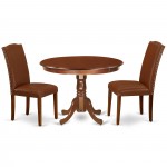 3Pc Rounded 42" Dining Table, 2 Parson Chair, Mahogany Leg, Brown Flaux Leather