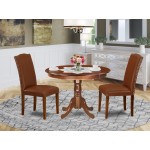 3Pc Rounded 42" Dining Table, 2 Parson Chair, Mahogany Leg, Brown Flaux Leather