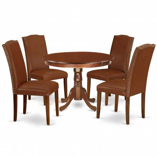 5Pc Round 42" Dinette Table, Four Parson Chair, Mahogany Leg, Brown Flaux Leather