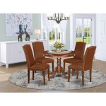 5Pc Round 42" Dinette Table, Four Parson Chair, Mahogany Leg, Brown Flaux Leather