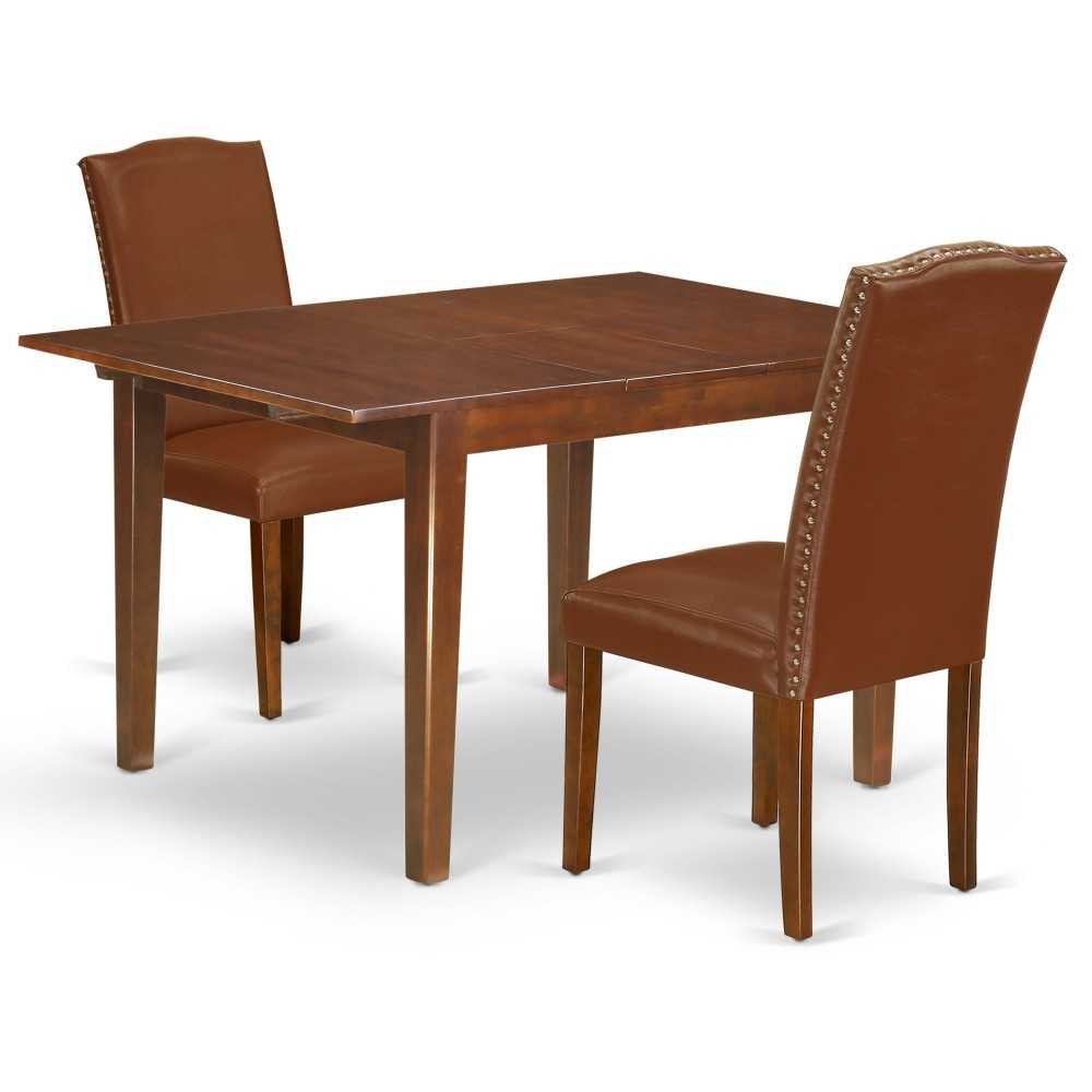 3Pc 42/54" Dining Table, 12 In Butterfly Leaf, Pair Of Parson Chair, Mahogany Leg, Brown Flaux Leather 3Pc 42/54" Dining Table, 12 In Butterfly Leaf, Pair Of Parson Chair, Mahogany Leg, Brown Flaux Leather