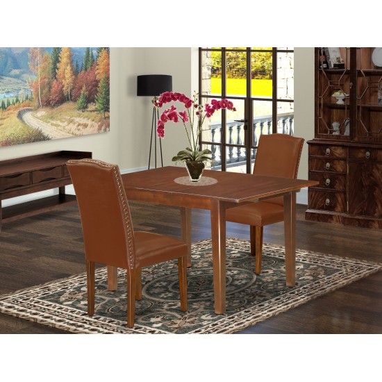 3Pc 42/54" Dining Table, 12 In Butterfly Leaf, Pair Of Parson Chair, Mahogany Leg, Brown Flaux Leather