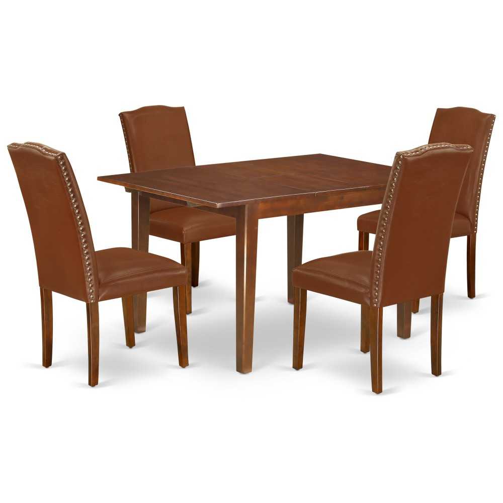 5Pc 42/54" Dining Table, 12 In Self Storing Butterfly Leaf, Four Parson Chair, Mahogany Leg, Brown Flaux Leather