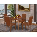 5Pc 42/54" Dining Table, 12 In Self Storing Butterfly Leaf, Four Parson Chair, Mahogany Leg, Brown Flaux Leather