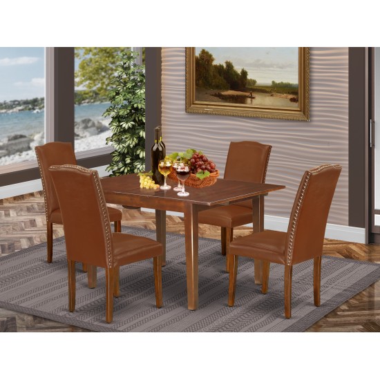 5Pc 42/54" Dining Table, 12 In Self Storing Butterfly Leaf, Four Parson Chair, Mahogany Leg, Brown Flaux Leather