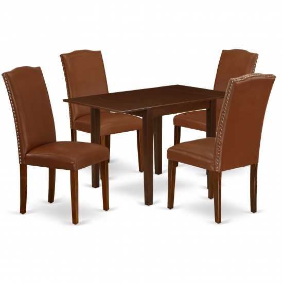 Dining Set 5 Pcs Four Dining Chairs, Table Mahogany Finish Hardwood Brown Color Pu Leather