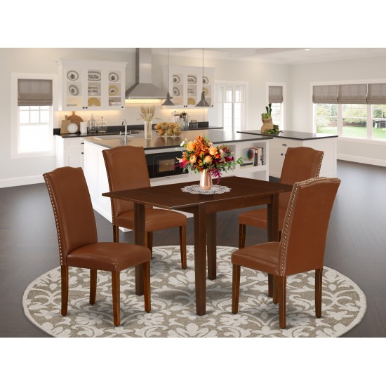 Dining Set 5 Pcs Four Dining Chairs, Table Mahogany Finish Hardwood Brown Color Pu Leather