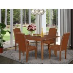 5Pc Rectangle 42/53.5" Dinette Table, 12 In Leaf, Four Parson Chair, Mahogany Leg, Brown Flaux Leather