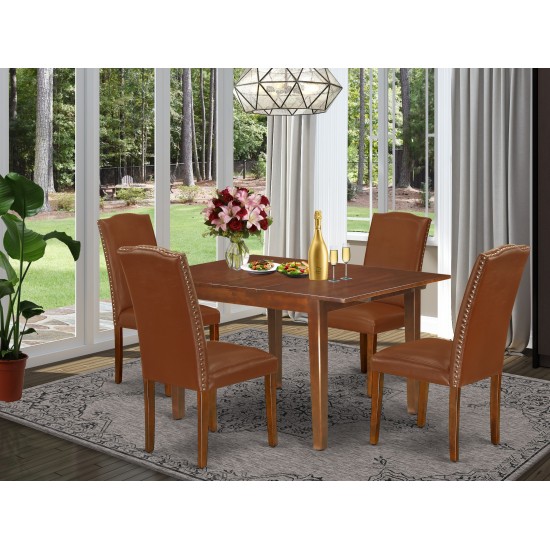 5Pc Rectangle 42/53.5" Dinette Table, 12 In Leaf, Four Parson Chair, Mahogany Leg, Brown Flaux Leather