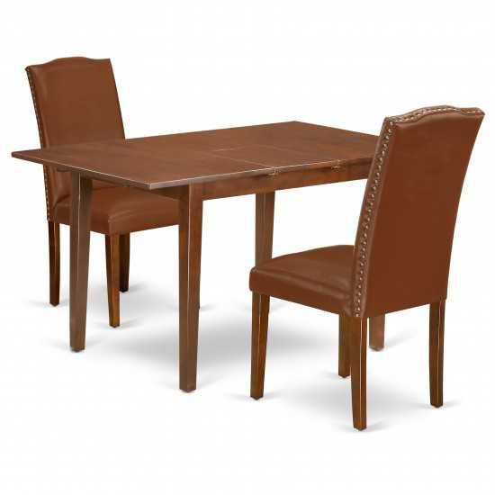 3Pc 48/60" Dinette Table, 12 In Self Storing Butterfly Leaf, 2 Parson Chair, Mahogany Leg, Brown Flaux Leather