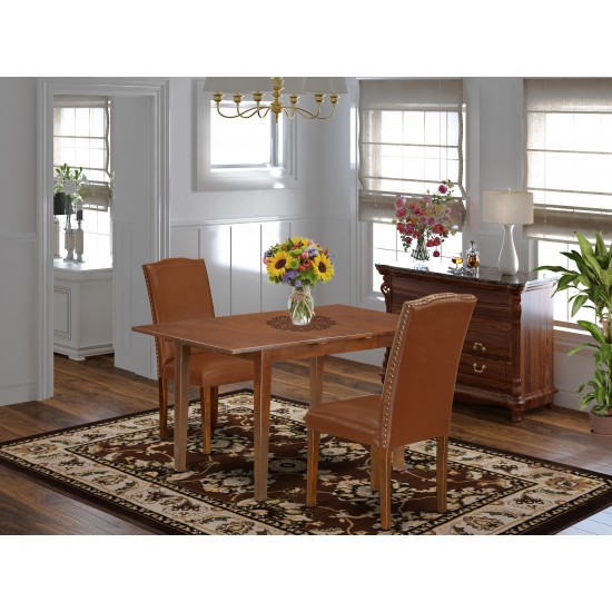 3Pc 48/60" Dinette Table, 12 In Self Storing Butterfly Leaf, 2 Parson Chair, Mahogany Leg, Brown Flaux Leather