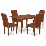5Pc Rectangle 48/60" Kitchen Table, 12 In Butterfly Leaf, 4 Parson Chair, Mahogany Leg, Brown Flaux Leather