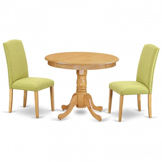 3Pc Rounded 36" Dining Table And 2 Parson Chair, Oak Leg And Fabric Limelight