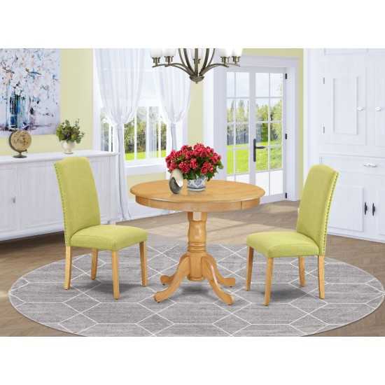 3Pc Rounded 36" Dining Table And 2 Parson Chair, Oak Leg And Fabric Limelight