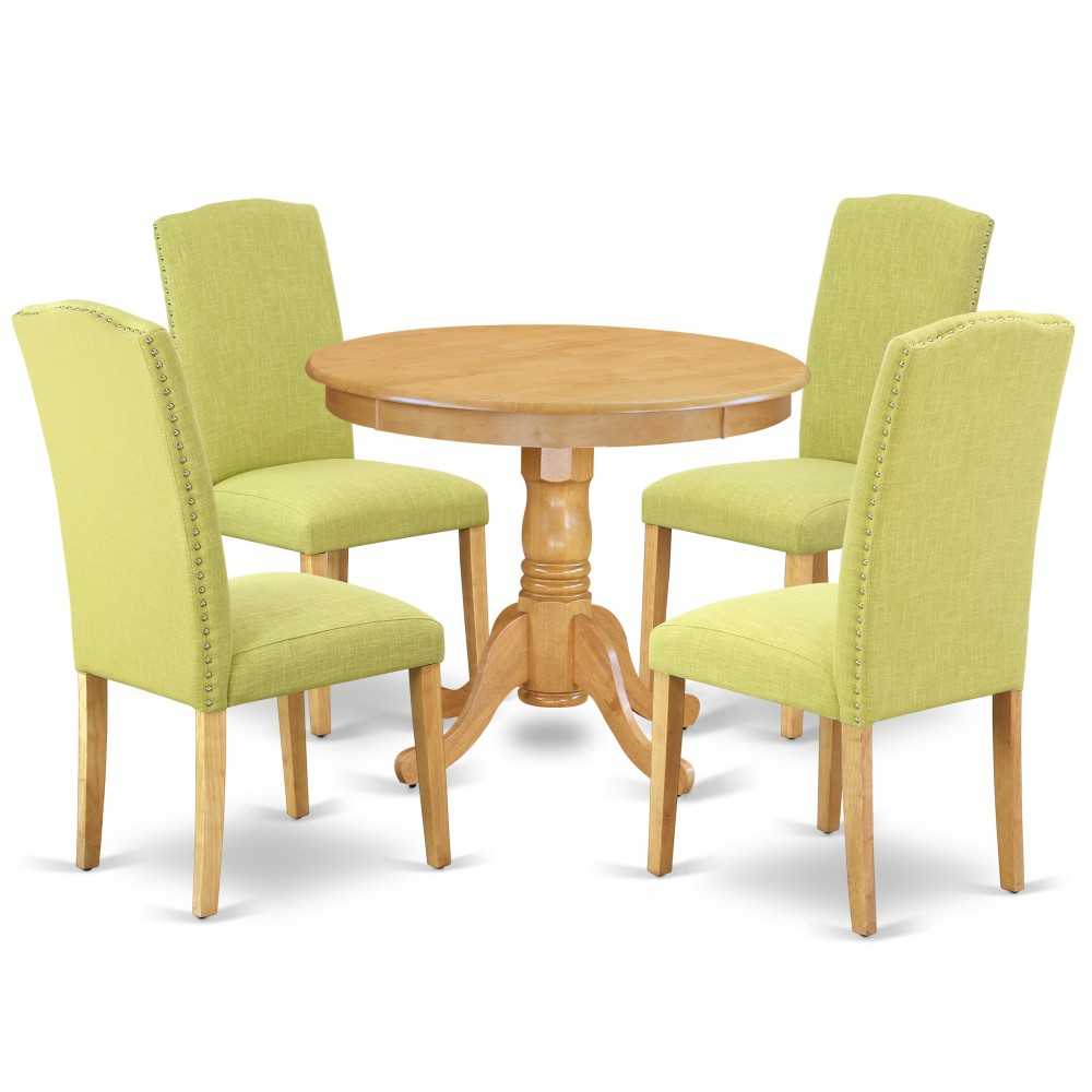 5Pc Round 36" Table And 4 Parson Chair With Oak Leg And Linen Fabric Limelight