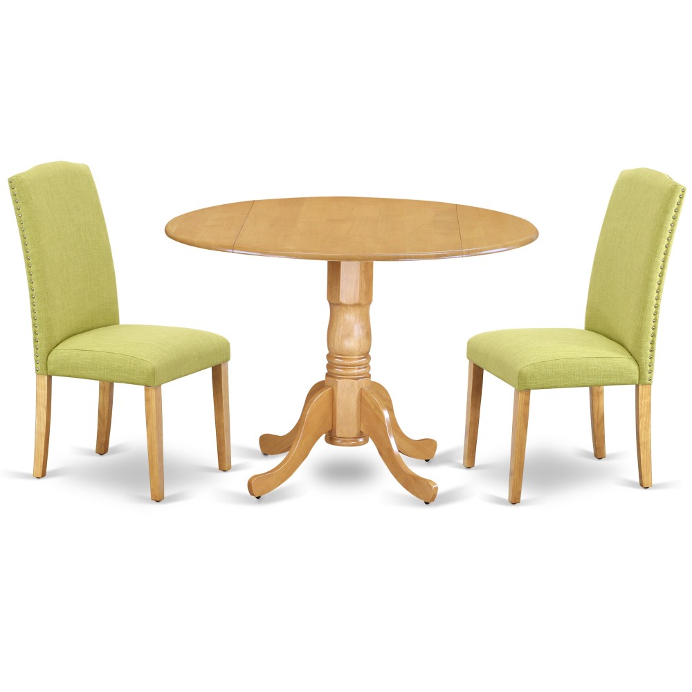 3Pc Round 42" Kitchen Table, Two 9-Inch Drop Leaves, Pair Of Parson Chair, Oak Leg, Limelight