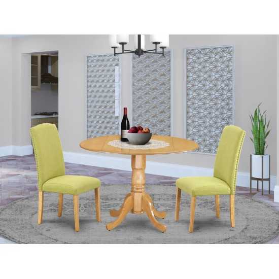 3Pc Round 42" Kitchen Table, Two 9-Inch Drop Leaves, Pair Of Parson Chair, Oak Leg, Limelight