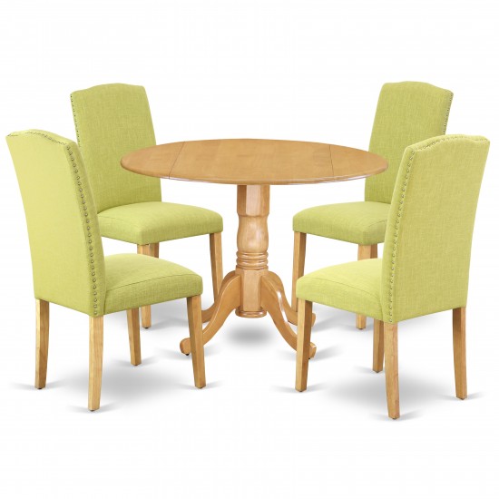 5Pc Round 42" Kitchen Table, Two 9-Inch Drop Leaves, Four Parson Chair, Oak Leg, Limelight