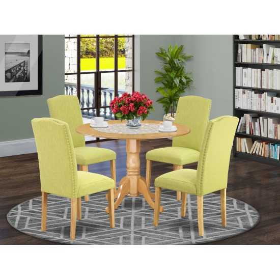 5Pc Round 42" Kitchen Table, Two 9-Inch Drop Leaves, Four Parson Chair, Oak Leg, Limelight