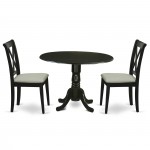 3Pc Dinette Set, Rounded Kitchen Table, Drop Leaves, Two Doublexback Linen Seat Dining Chairs, Black Finish