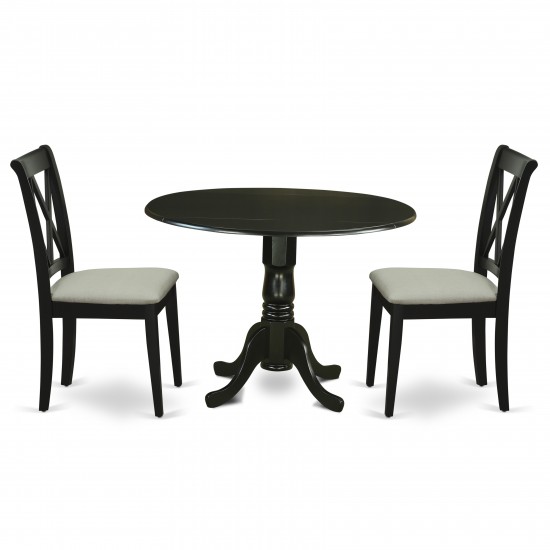 3Pc Dinette Set, Rounded Kitchen Table, Drop Leaves, Two Doublexback Linen Seat Dining Chairs, Black Finish