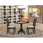 3Pc Dinette Set, Rounded Kitchen Table, Drop Leaves, Two Doublexback Linen Seat Dining Chairs, Black Finish