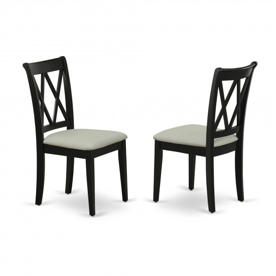 3Pc Dinette Set, Rounded Kitchen Table, Drop Leaves, Two Doublexback Linen Seat Dining Chairs, Black Finish