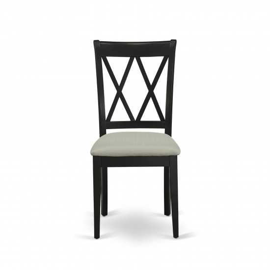 3Pc Dinette Set, Rounded Kitchen Table, Drop Leaves, Two Doublexback Linen Seat Dining Chairs, Black Finish