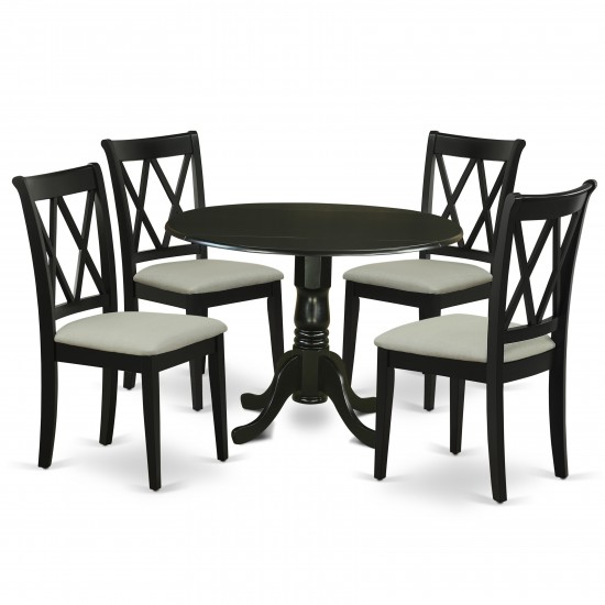 5Pc Dining Set, Round Dinette Table, Drop Leaves, Four Doublexback Linen Seat Chairs, Black Finish