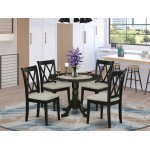 5Pc Dining Set, Round Dinette Table, Drop Leaves, Four Doublexback Linen Seat Chairs, Black Finish