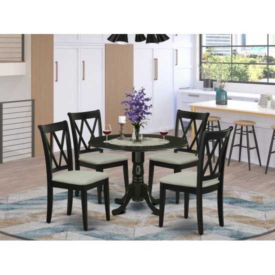 5Pc Dining Set, Round Dinette Table, Drop Leaves, Four Doublexback Linen Seat Chairs, Black Finish