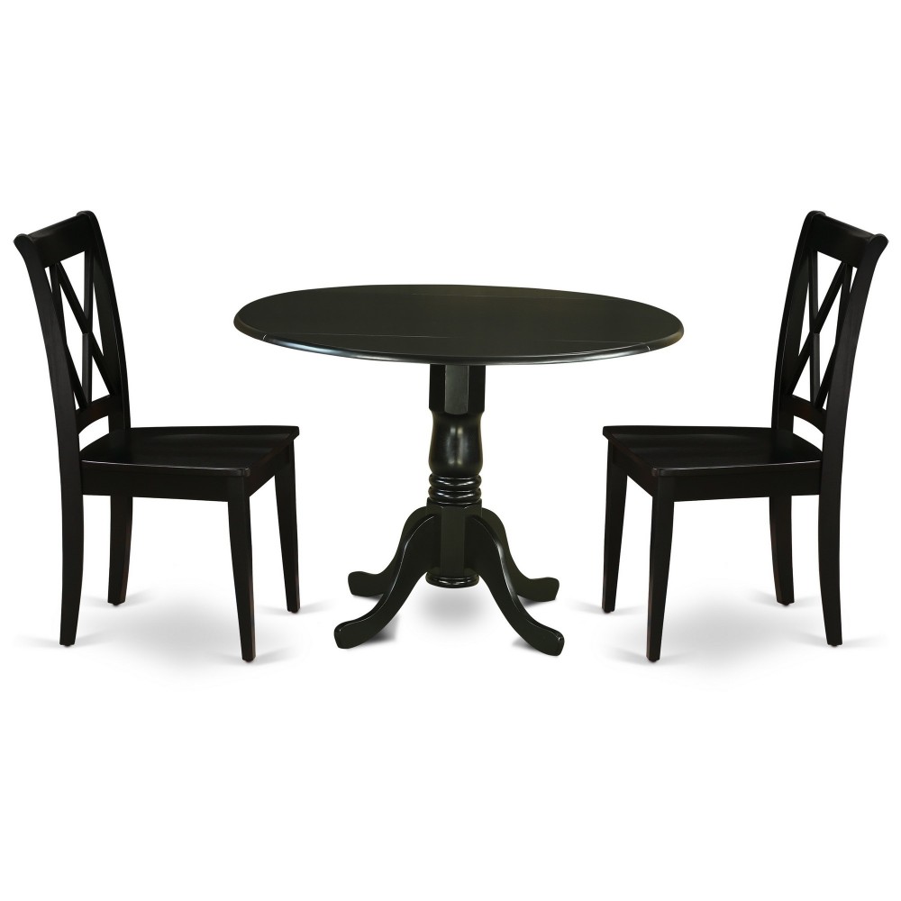 3Pc Round 42" Dining Table, Two 9-Inch Drop Leaves, 2 Wood Seat Dining Chairs