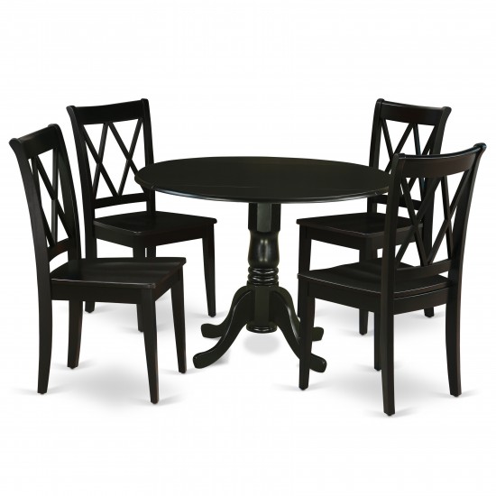 5Pc Round 42" Dining Room Table, Two 9-Inch Drop Leaves, Four Wood Seat Chairs