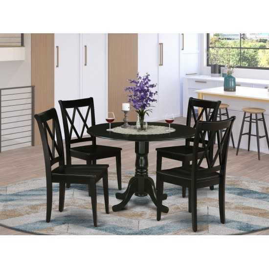 5Pc Round 42" Dining Room Table, Two 9-Inch Drop Leaves, Four Wood Seat Chairs