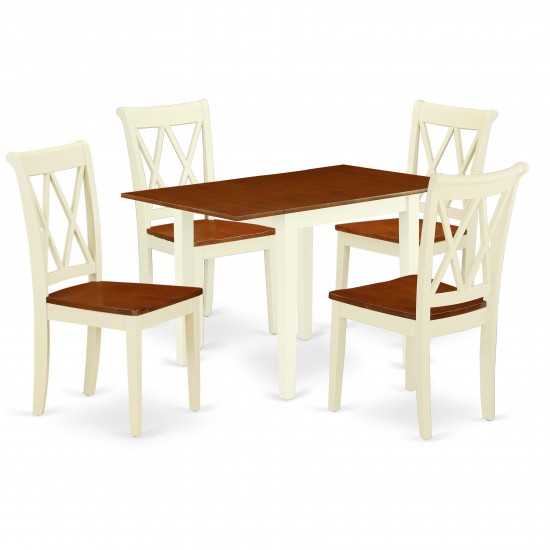 Dining Set 5 Pcs- 4 Wood Chairs, Table, Buttermilk Finish Hardwood Structure.