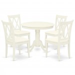 5Pc Dining Set, Round Dinette Table, Four Kitchen Chairs, Linen White Finish