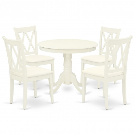 5Pc Dining Set, Round Dinette Table, Four Kitchen Chairs, Linen White Finish