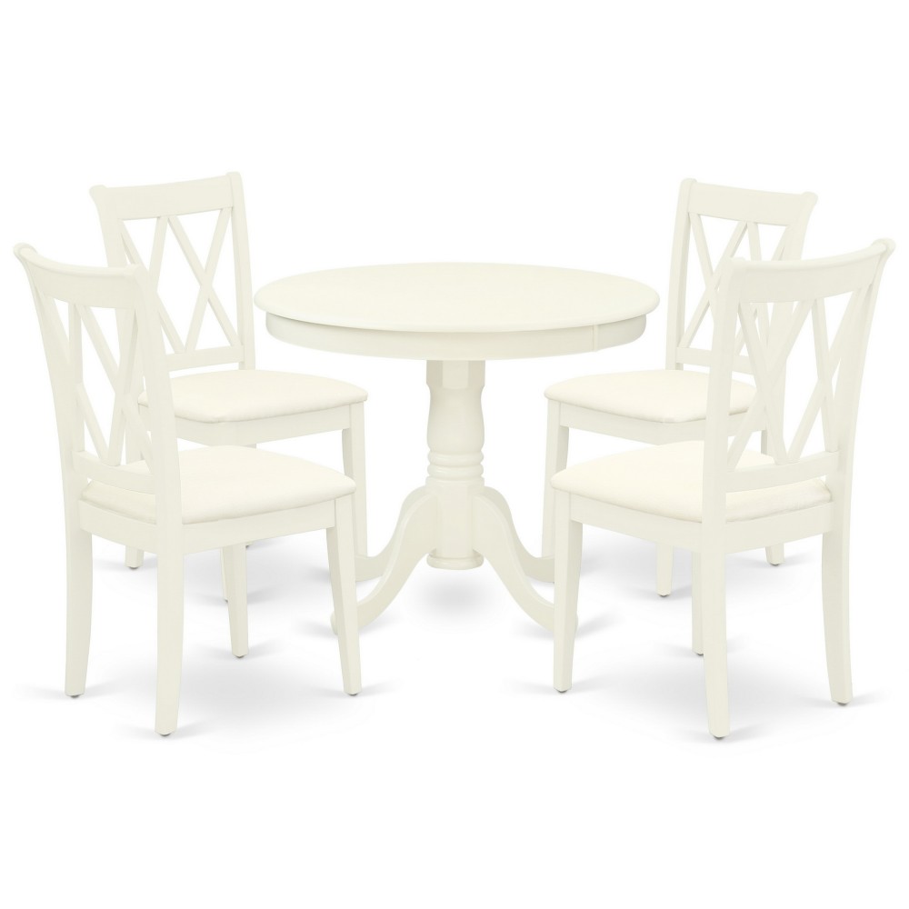 5Pc Dining Set, Round Dinette Table, Four Kitchen Chairs, Linen White Finish