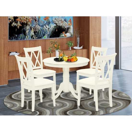 5Pc Dining Set, Round Dinette Table, Four Kitchen Chairs, Linen White Finish