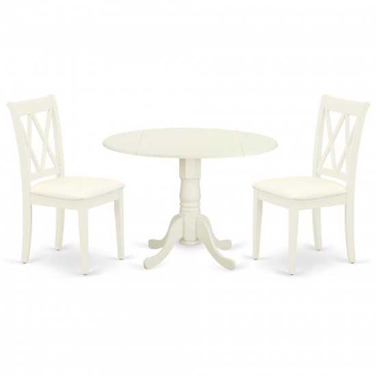 3Pc Dinette Set, Rounded Kitchen Table, Drop Leaves, Two Doublexback Linen Seat Dining Chairs, White Finish