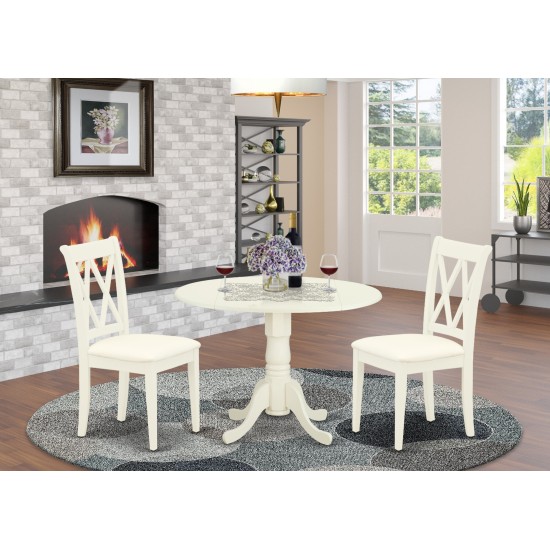 3Pc Dinette Set, Rounded Kitchen Table, Drop Leaves, Two Doublexback Linen Seat Dining Chairs, White Finish